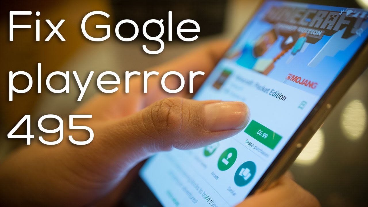  A hand holding a phone with the Google Play Store app open and the message "Fix Google Play Store error 495" displayed on the screen.