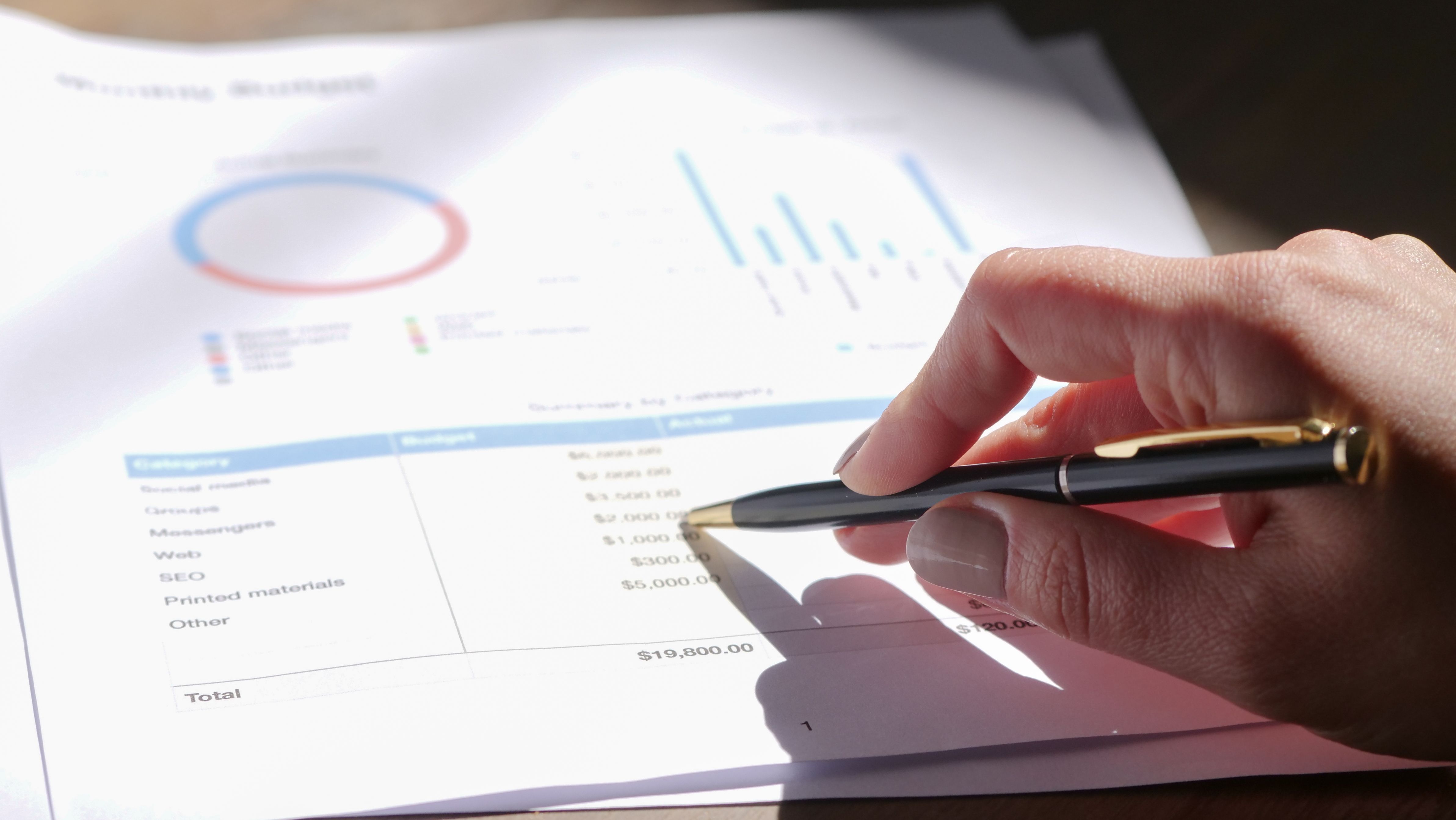 Hand holding pen, analyzing budget with charts and graph paper